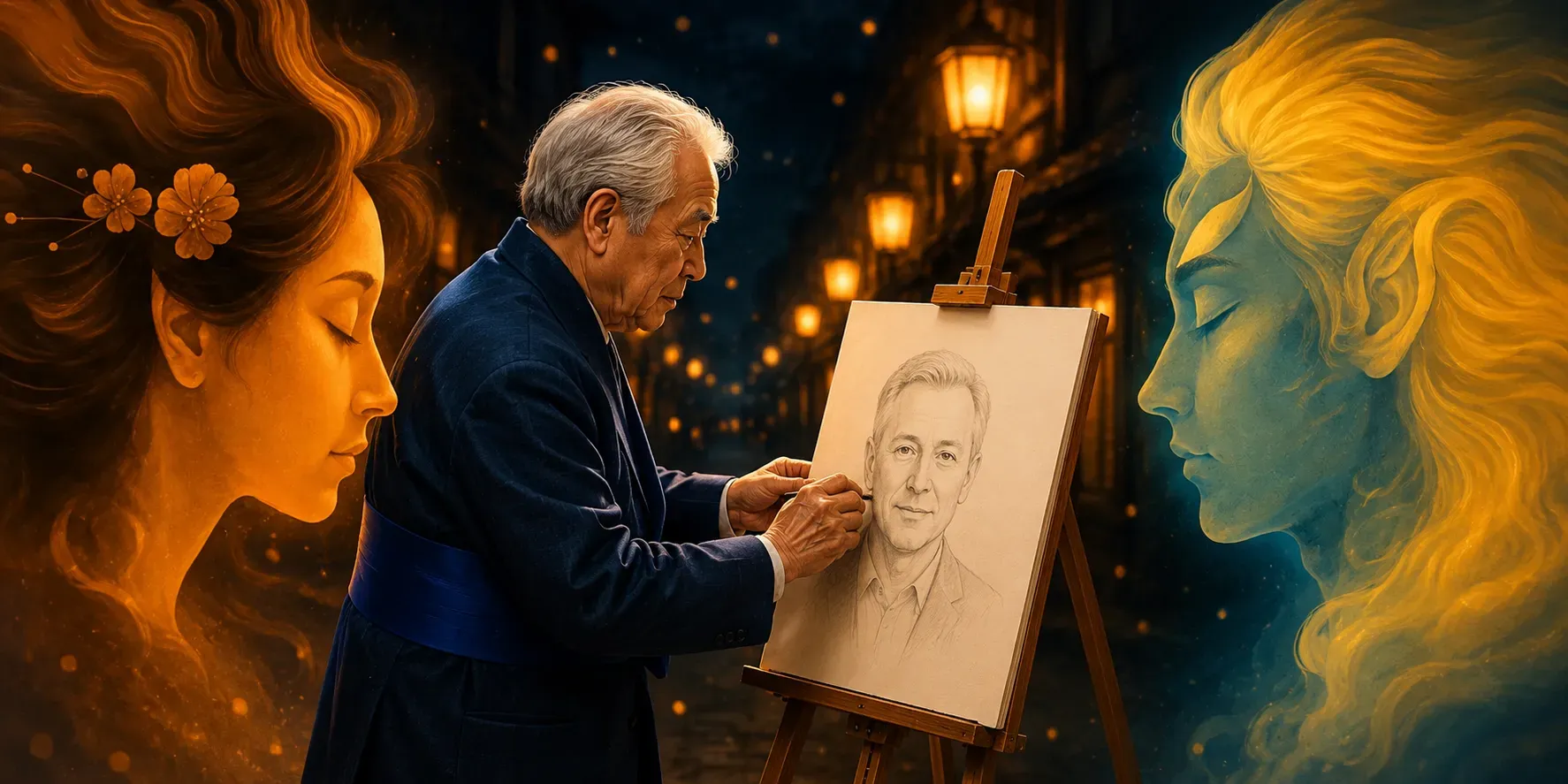 Soulmate Vision key art showing a robed artist sketching a face on cream canvas beneath glowing amber street lanterns